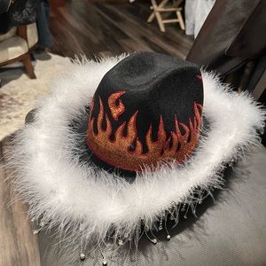 Rhinestone fringe cowgirl hat with flames